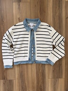 Striped Cream Knit Jean-Trim Jacket for Kids